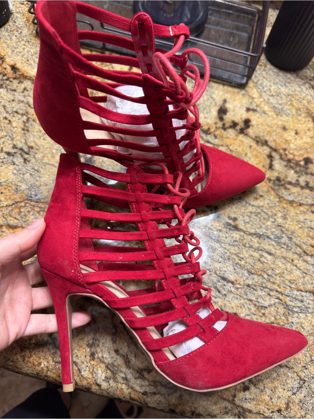 Red Strappy Lace-Up Pointed-Toe High Heels